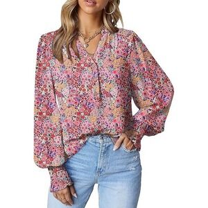 Dokotoo Women's  V Neck  Floral Print Long Sleeve Blouses Button Down Shirts Top